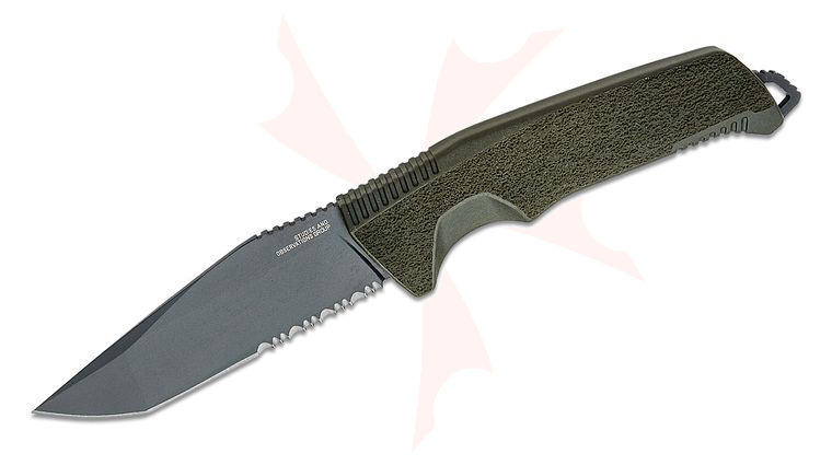 SOG Trident FX Olive Drab Fixed Blade Knife 4.2 inch 4116 Black Tanto Combo Blade, OD Green GRN Handles, GRN Sheath