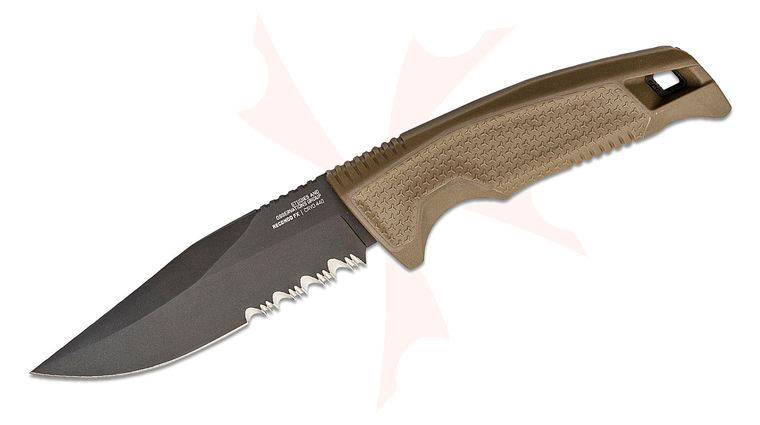 SOG Recondo FX Fixed Blade Knife 4.61 inch CRYO 440A Black TiNi Clip Point Combo, Flat Dark Earth GRN Handles, Universal Mounting System GRN Sheath