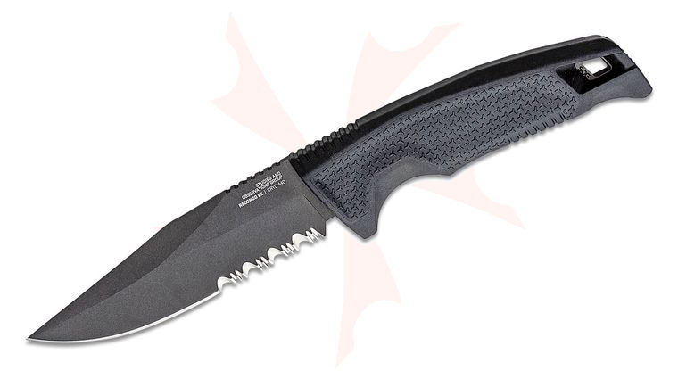 SOG Recondo FX Fixed Blade Knife 4.61 inch CRYO 440A Black TiNi Clip Point Combo, Black GRN Handles, Universal Mounting System GRN Sheath