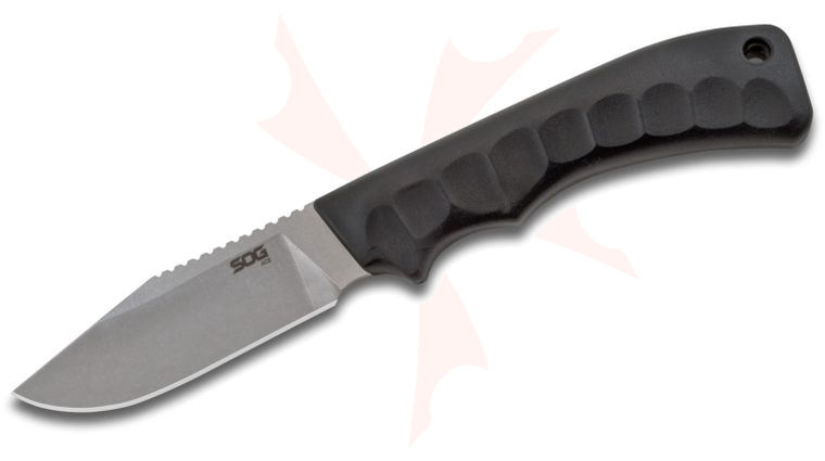 SOG Ace Fixed 3.8 inch Stonewashed Plain Blade, Textured Rubber Handle, Molded Plastic Sheath