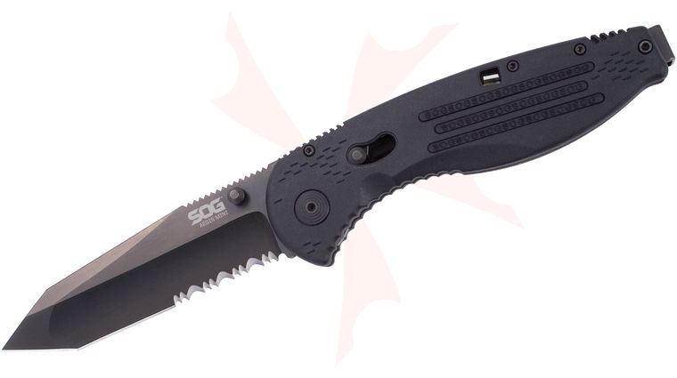 SOG AE24 Aegis Mini Folding Knife Assisted 3 inch Black TiNi Combo Tanto Blade, Black GRN Handles