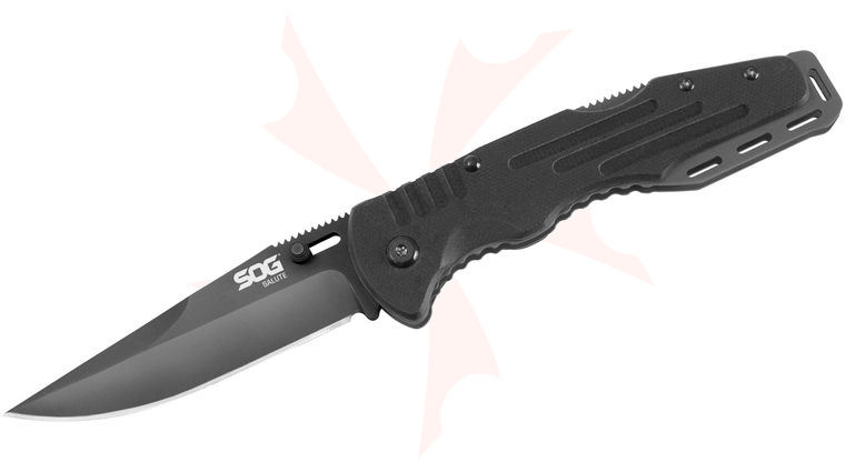 SOG Salute Folding Knife 3.625 inch Black Plain Blade, G10 Handles