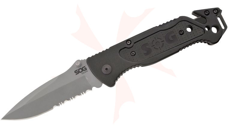 SOG Escape Folding Rescue Knife 3.4 inch Bead Blast Combo Blade, Aluminum Handles