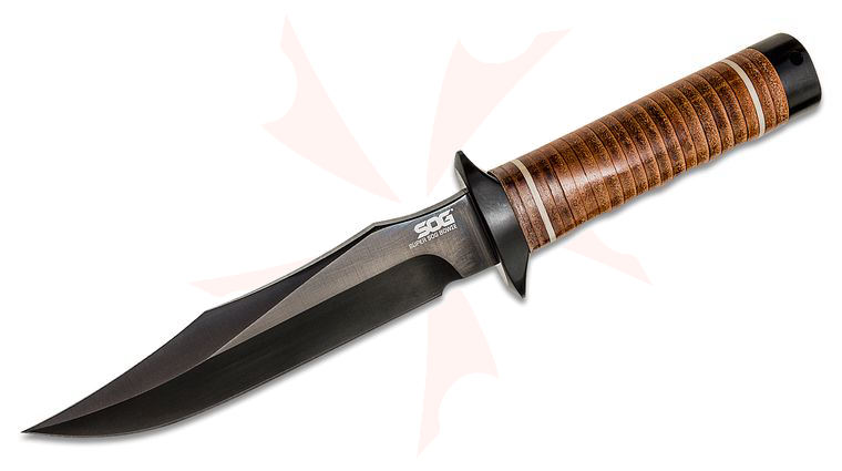 SOG Super SOG Bowie 7.5 inch Black TiNi Blade, Leather Handles, Leather Sheath