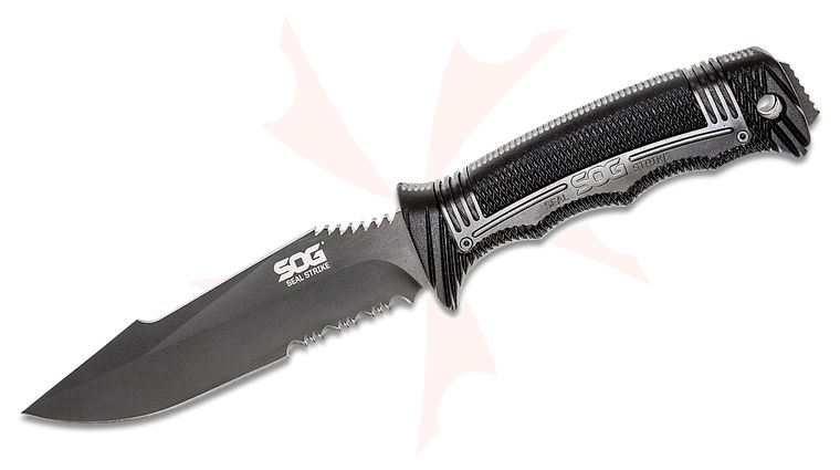 SOG SEAL Strike Fixed 4.9 inch Black TiNi Combo Blade, GRN Handles, Deluxe Sheath