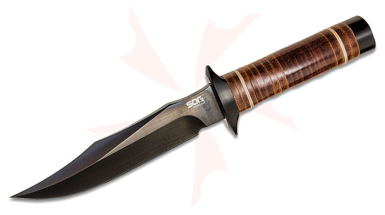 SOG Bowie 2.0 Knife 6.4 inch Black TiNi Blade, Leather Handles, Leather Sheath