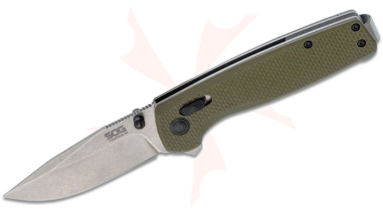 SOG Terminus XR Flipper Knife 2.95 inch Stonewashed D2 Clip Point Blade, OD Green G10 Handles - XR Lock