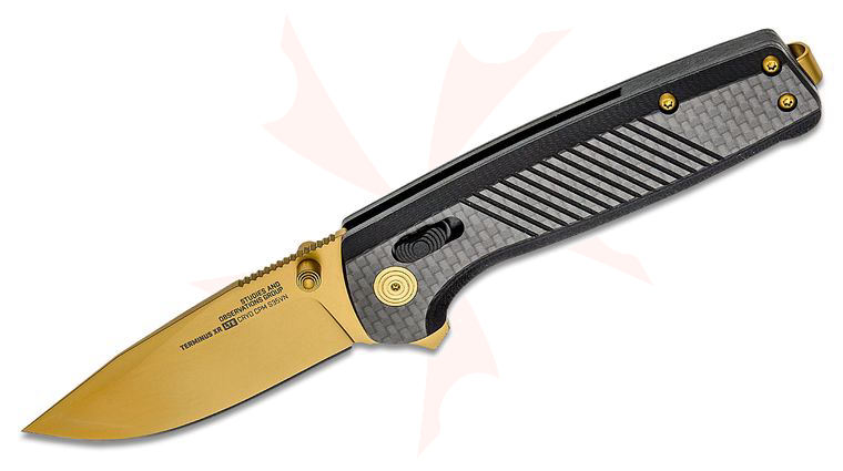 SOG Terminus XR LTE Flipper Knife 2.95 inch Gold TiNi S35VN Clip Point Blade, Carbon Fiber Handles - XR Lock