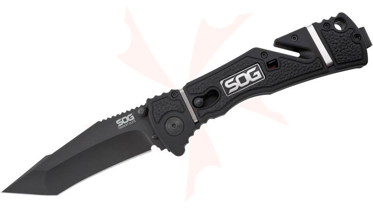 SOG Trident Elite Assisted Folding Knife 3.7 inch Black TiNi Plain Tanto Blade, GRN and Rubber Handles