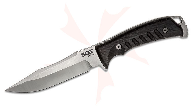 SOG Pillar USA-Made Fixed 5 inch S35VN Stonewashed Clip Point Blade, Black Canvas Micarta Handles, Kydex Sheath