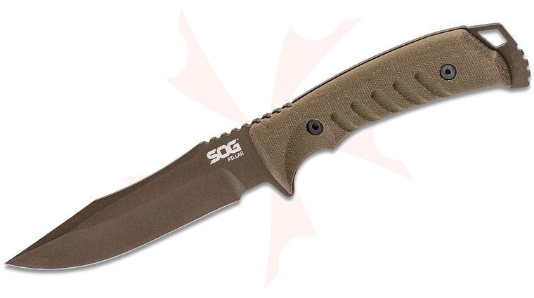 SOG Limited Edition Pillar LTD USA-Made Fixed Blade Knife 5 inch Bronze Cerakote S35VN Clip Point, Tan Canvas Micarta Handles, Coyote Tan Kydex Sheath