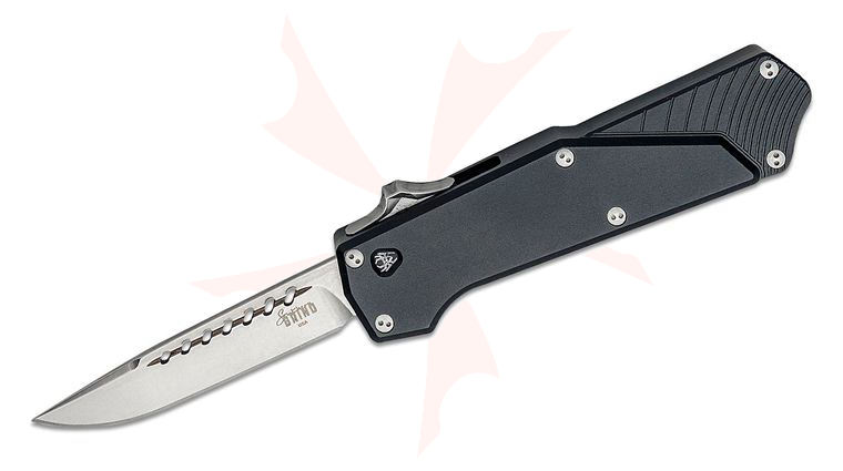 Southern Grind Arachnid AUTO OTF Knife 3.2 inch S35VN Satin Drop Point Blade, Black Aluminum Handles