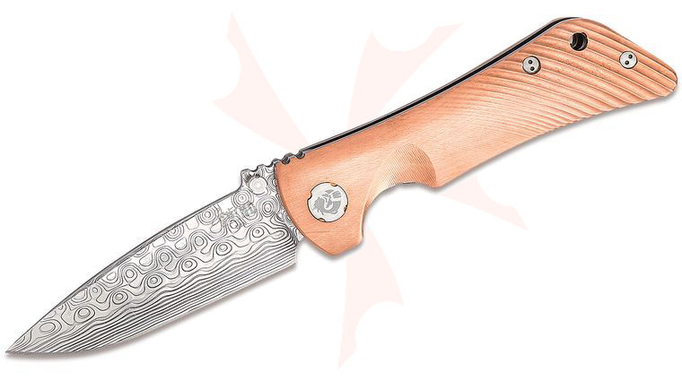 Southern Grind Spider Monkey Folding Knife 3.25 inch Damascus Plain Drop Point Blade, Copper Handles