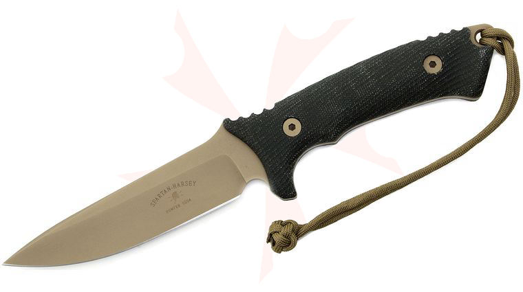 Spartan Blades Harsey Hunter Combat Knife 5-3/16 inch S35VN FDE Blade, Black Micarta Handles, Tan MOLLE Sheath
