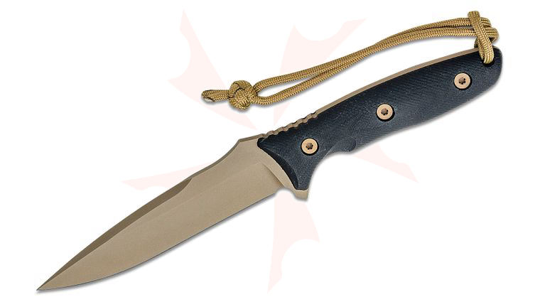Spartan Blades Moros Fixed Blade Knife 5.25 inch S45VN FDE Spear Point, Black Canvas Micarta Handles, Tan Kydex Sheath