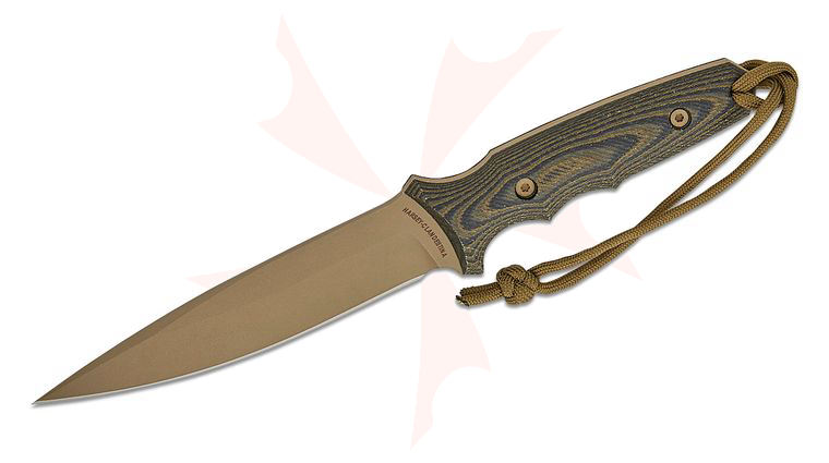 Spartan Blades Harsey Clandestina Fixed Blade Knife 5.75 inch CPM-MagnaCut FDE Spear Point Blade, Camo Linen Micarta Handles, Tan Kydex Sheath