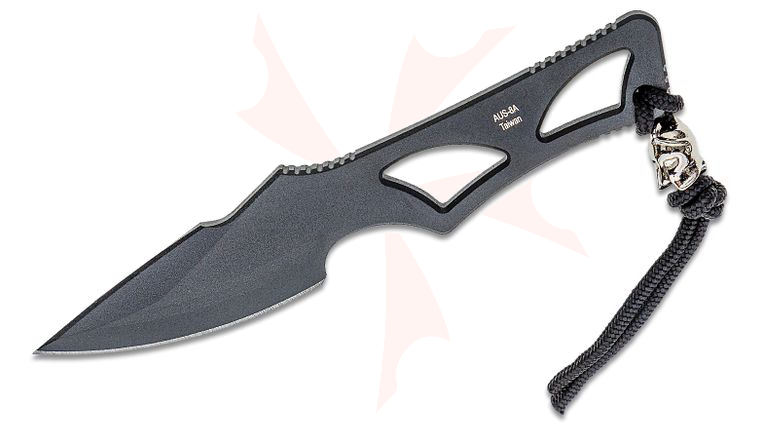 Spartan Blades Field Grade Enyo Fixed Neck Knife 2.6875 inch AUS-8A Black Drop Point Blade, Skeletonized Handle, Black Molded Plastic Sheath