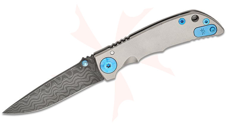 Spartan Blades SHF 3.25 Custom Harsey Folding Knife 3.25 inch Nichols Damascus Blade, Satin Titanium Handles, Blue Hardware