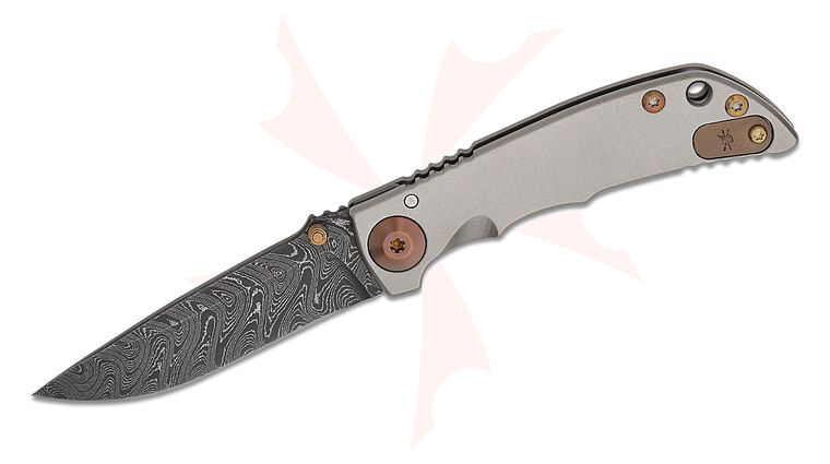 Spartan Blades SHF 3.25 Custom Harsey Folding Knife 3.25 inch Nichols Damascus Blade, Satin Titanium Handles, Bronze Hardware