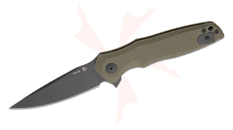 Spartan Blades Field Grade POROS Folding Knife 3.875 inch 154CM Black TiNi Drop Point Blade, Textured OD Green G10 Handles