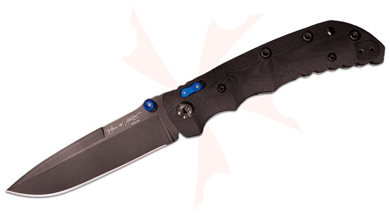 Spartan Blades SHF Harsey T4 Crossbar Lock Folding Knife 5 inch Elmax Black PVD Drop Point Blade, Machined Black G10 Handles, Blue Accents with Super-LumiNova Inlays