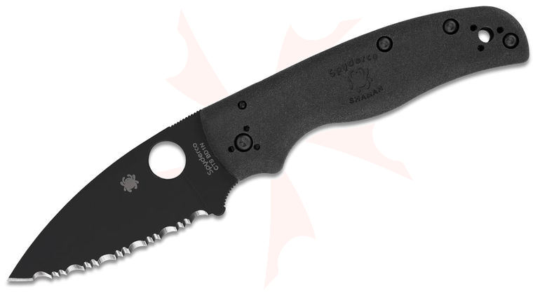 Spyderco Shaman Lightweight Folding Knife 3.58 inch CTS-BD1N Black DLC Serrated Blade, Black FRN Handles
