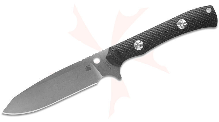 Spyderco Kevin Smock Skoli Fixed Blade Knife 4.65 inch 9Cr18MoV Stonewashed Modified Sheepsfoot Blade, Contoured Checkered Black G10 Handles, Boltaron Sheath