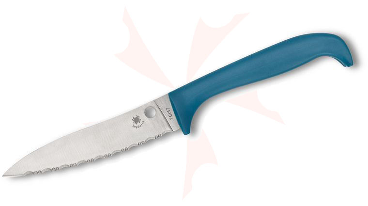 Spyderco Counter Puppy Kitchen Knife 3.46 inch 7Cr17 Serrated Blade, Blue Plastic Handle