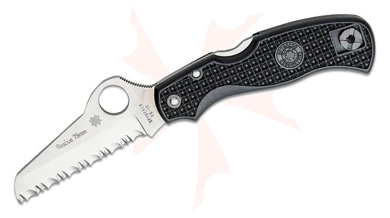 Spyderco Rescue 79mm Folding Knife 3-1/8 inch VG10 Satin Serrated Blade, Black FRN Handles