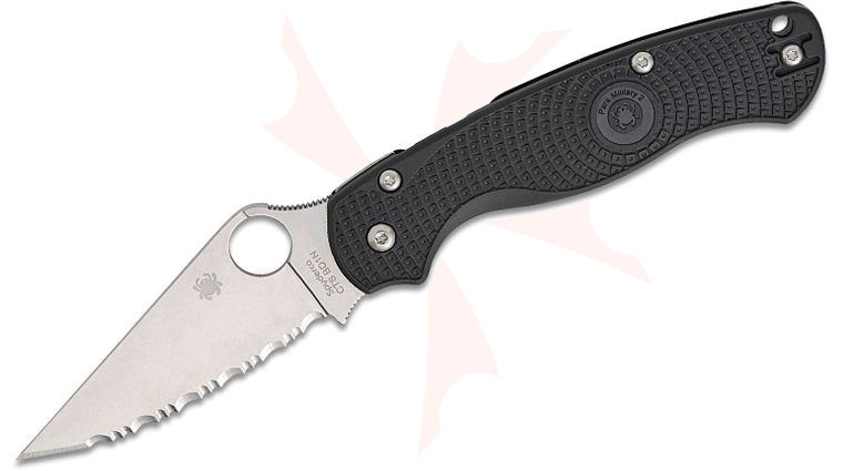 Spyderco Paramilitary 2 Lightweight Compression Lock Folding Knife 3.47 inch CTS-BD1N Satin Serrated Blade, Black FRN Handles, Reversible Wire Clip