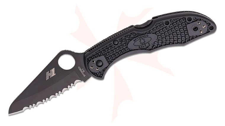 Spyderco Salt 2 Folding Knife 3 inch Black H2 Serrated Blade, Black FRN Handles