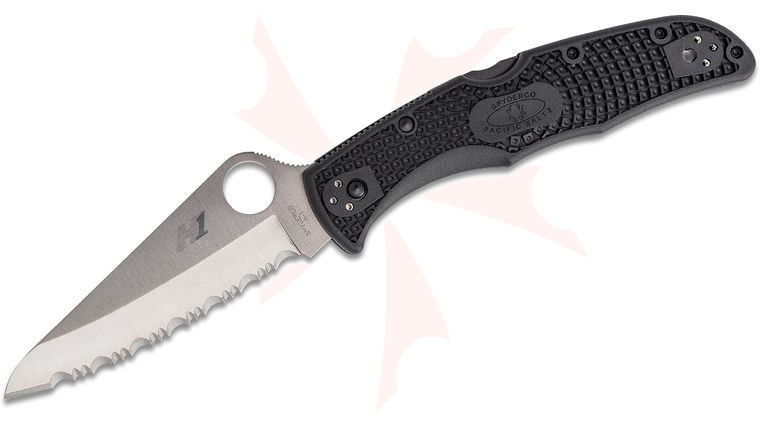 Spyderco Pacific Salt 2 Folding Knife 3.78 inch Satin Serrated Blade, Black FRN Handles