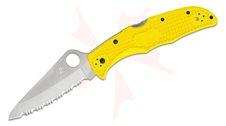 Spyderco Pacific Salt 2 Folding Knife 3.78 inch H2 Satin Serrated Blade, Yellow FRN Handles