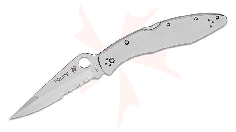 Spyderco Police Folding Knife 4-1/8 inch VG10 Combo Blade, Stainless Steel Handles