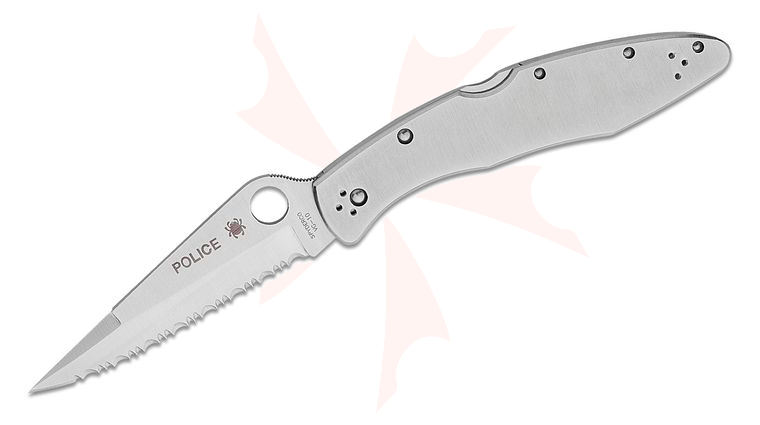 Spyderco Police Folding Knife 4-1/8 inch VG10 Serrated Blade, Stainless Steel Handles