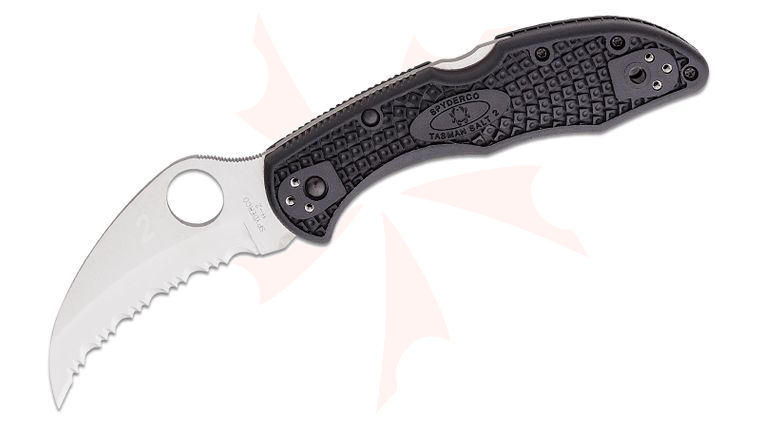 Spyderco Tasman Salt 2 Folding Knife 2.8 inch H1 Serrated Hawkbill Blade, Black FRN Handles