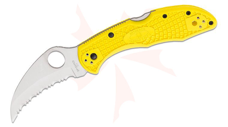 Spyderco Tasman Salt 2 Folding Knife 2.8 inch Serrated Hawkbill Blade, Yellow FRN Handles