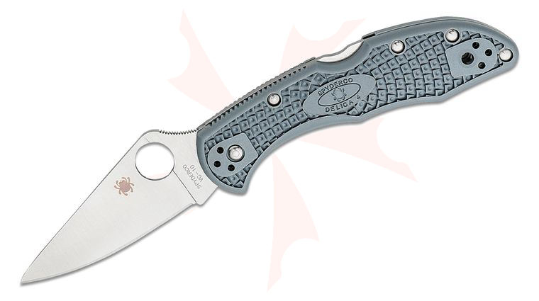 Spyderco Delica 4 Flat Ground 2-7/8 inch VG10 Satin Plain Blade, Gray FRN Handles