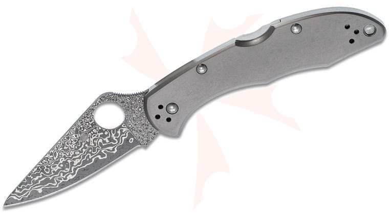 Spyderco Delica 4 Flat Ground 2.95 inch VG10 Damascus Plain Blade, Titanium Handles