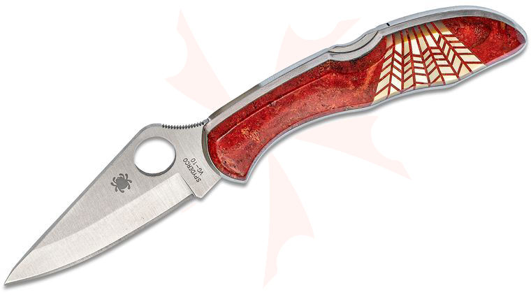Spyderco Delica 4 by Santa Fe Stoneworks Folding Knife 2-7/8 inch VG10 Plain Blade, Jewelry Collection, Red Coral and Mother of Pearl Onlays