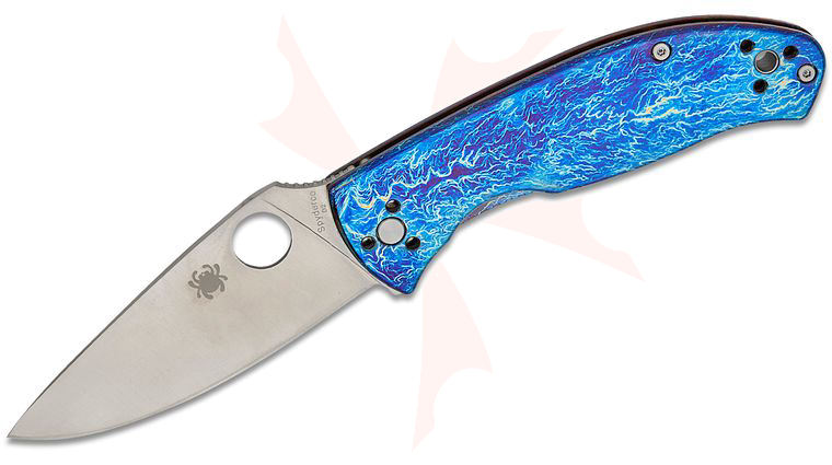 Spyderco Tenacious Frame Lock Folding Knife 3.35 inch D2 Satin Plain Blade, Blue Disarray Titanium Handles (Chidori)