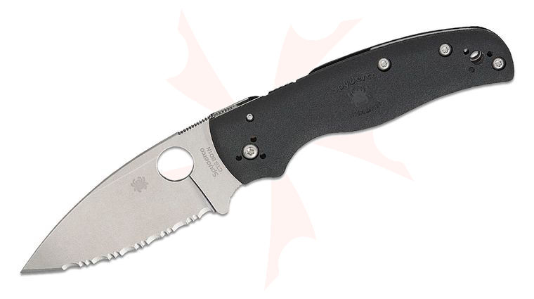 Spyderco Shaman Lightweight Folding Knife 3.58 inch CTS-BD1N Stonewashed Serrated Blade, Black FRN Handles