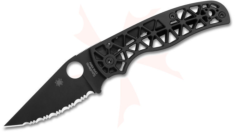 Spyderco Edgerati Compression Lock Folding Knife 3.57 inch CPM-S30V Black DLC Serrated Blade, Black Skeletonized Aluminum Handles