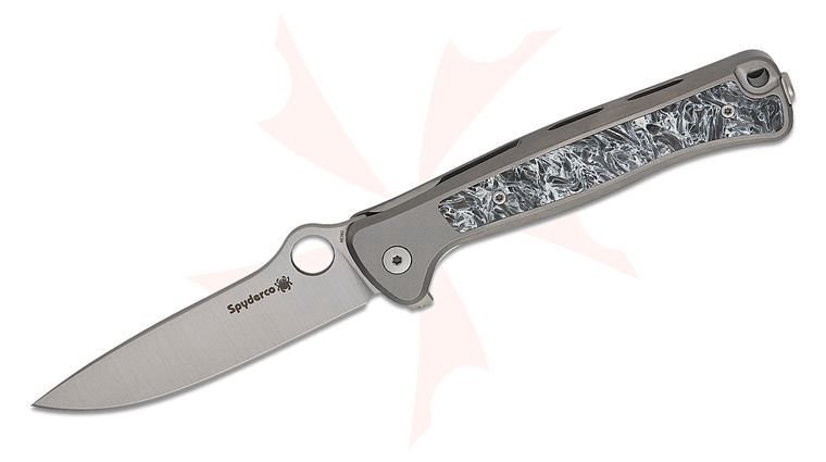Spyderco/LionSTEEL Michele Pensato Slym Frame Lock Flipper Knife 3.42 inch M390 Stonewashed Drop Point Blade, Gray PVD Titanium Handles with Polar Dark Matter FatCarbon Inlay