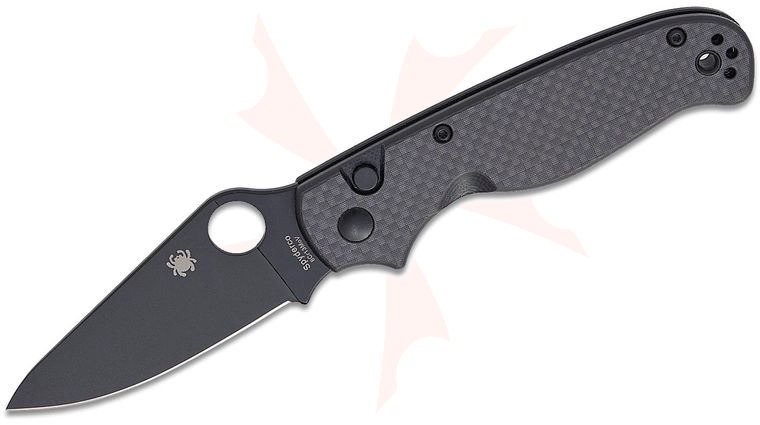 Spyderco ButtonUp Button Lock Folding Knife 3.27 inch Black Oxide Modified Clip Point Plain Blade, Peel-Ply Carbon Fiber/G10 Laminate Handles, Reversible Clip