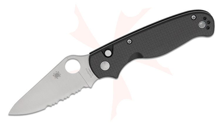 Spyderco ButtonUp Button Lock Folding Knife 3.27 inch Satin Modified Clip Point Combo Blade, Peel-Ply Carbon Fiber/G10 Laminate Handles, Reversible Clip