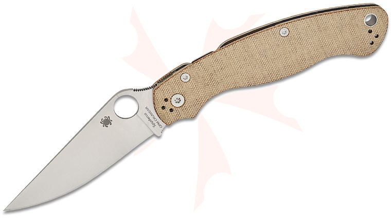 Spyderco Military 2 Compression Lock Folding Knife 4 inch CruWear Satin Plain Blade, Brown Canvas Micarta Handles