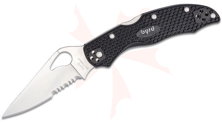 Spyderco Byrd Harrier 2 Folding Knife 3.36 inch Satin Combo Blade, Black FRN Handles