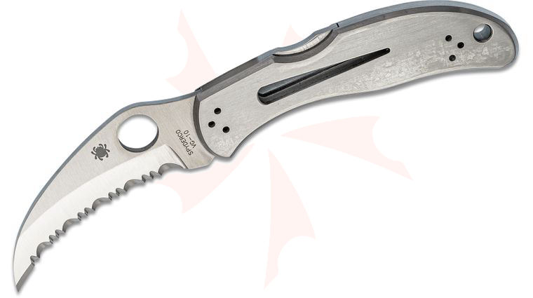 Spyderco Harpy Folding Knife 2-3/4 inch VG10 Satin Serrated Hawkbill Blade, Stainless Steel Handles