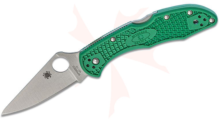 Spyderco Delica 4 Flat Ground 2-7/8 inch VG10 Satin Plain Blade, Green FRN Handles